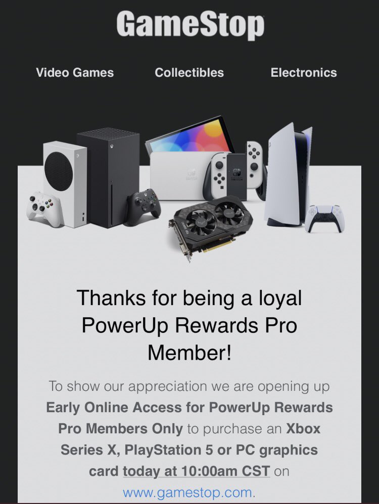 InventoryUpdate's tweet photo. [Gamestop Info] Gamestop will be releasing PS5, Xbox, Nintendo, and GPU bundles today at 11am EST

You have to be a PowerUp Rewards Pro Member to be able to purchase any item during this restock! Not a bad option for anyone struggling to get their console! https://t.co/bfcNUvGkCf