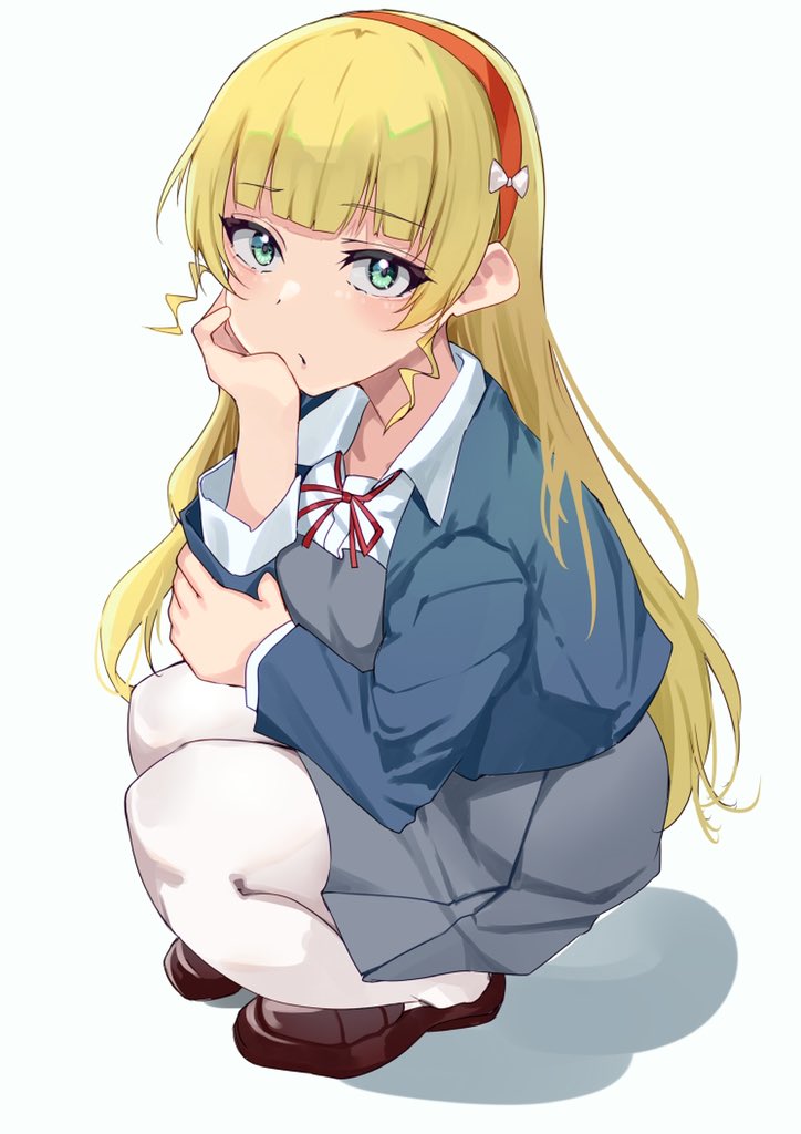 1girl solo yuigaoka school uniform school uniform blonde hair squatting long hair  illustration images