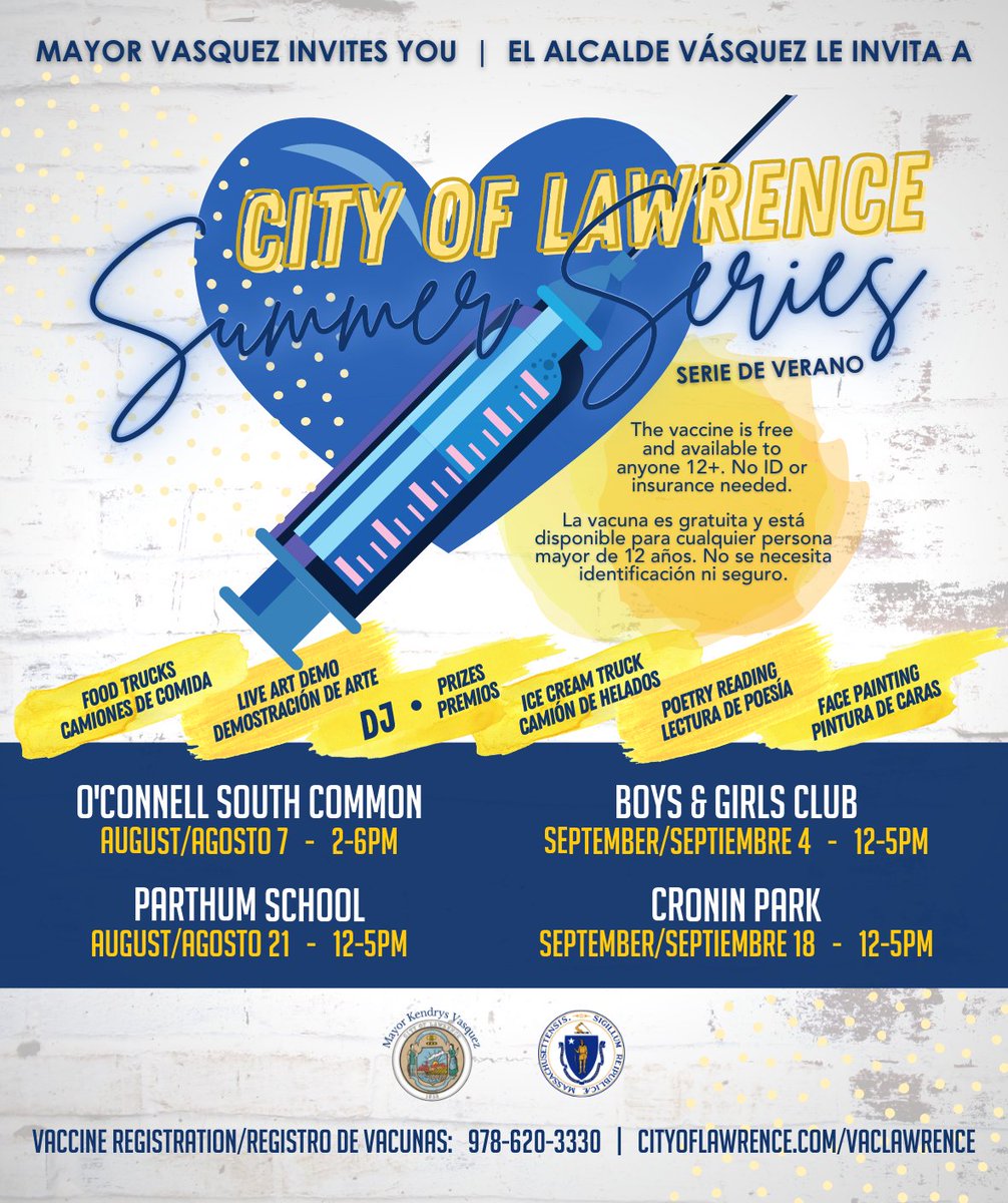 Mayor Brian A. DePeña (@mayorlawrencema) on Twitter photo 💙 La próxima Vaccine Block Party de la Serie de Verano será ESTE SÁBADO en la Escuela Parthum en Prospect Hill de 12 a 5pm. Venga a vacunarse y a disfrutar de comida gratis de los camiones de comida, dibujo de caricaturas, DJ en vivo, lectura de poesía por <a href="/elevatedthought/">elevated thought</a> y más 💙 La próxima Vaccine Block Party de la Serie de Verano será ESTE SÁBADO en la Escuela Parthum en Prospect Hill de 12 a 5pm. Venga a vacunarse y a disfrutar de comida gratis de los camiones de comida, dibujo de caricaturas, DJ en vivo, lectura de poesía por <a href="/elevatedthought/">elevated thought</a> y más