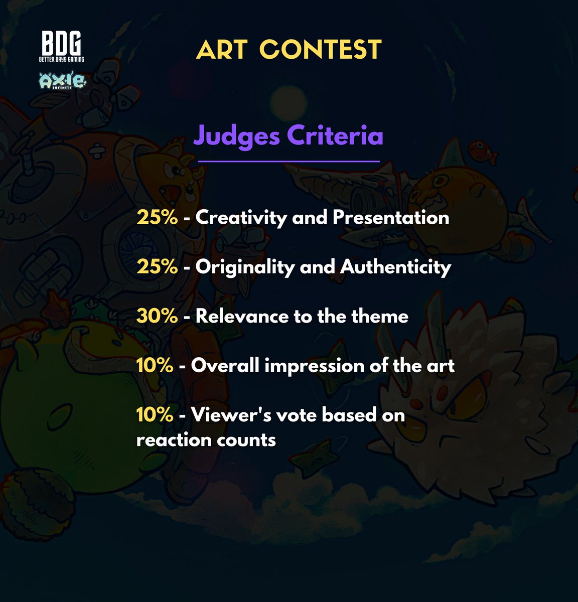 Few more days before the end of our Axie Art Contest and we've been 🧑‍🎨 Join us and get a chance to win an Axie Scholarship! 

Join our discord: discord.gg/YQ7TpS7h

#bdg #axieinfinityscholarship