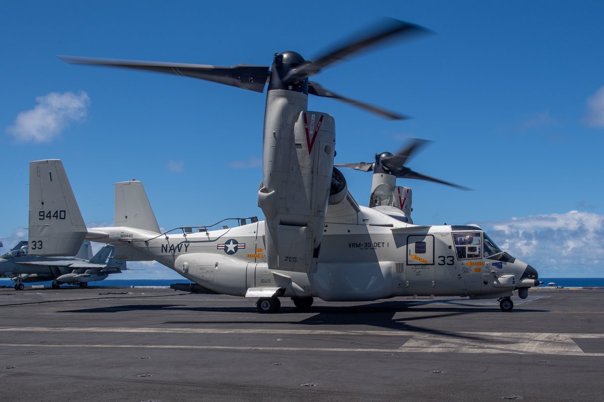 #Mighty70 flexing those 💪

A #USNavy CMV-22B Osprey, assigned to the “Titans” of Fleet Logistics Multi-Mission Squadron (VRM) 30, taxis the flight deck of USS Carl Vinson @CVN70 during Large-Scale Exercise #LSE2021, reinforcing a culture of learning & increasing #NavyReadiness.