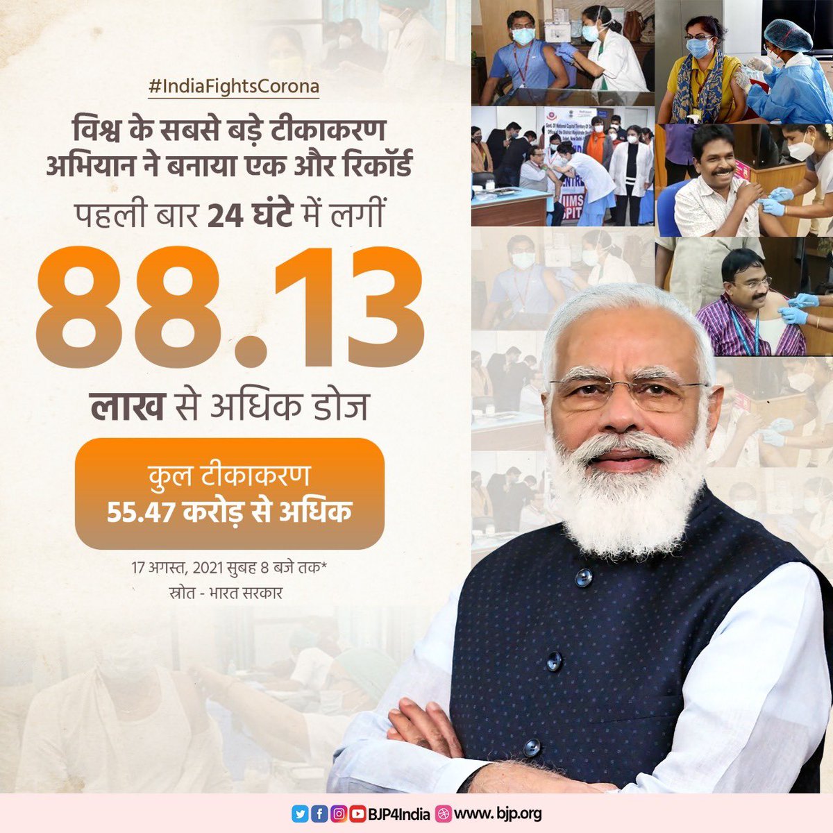samirgurav's tweet photo. विश्व के सबसे बड़े टीकाकरण अभियान ने बनाया एक और रिकॉर्ड

देश में पहली बार 24 घंटे में लगीं 88.13 लाख से अधिक डोज।

अब तक देश में 55.47 करोड़ से अधिक वैक्सीन डोज लग चुकी हैं।

#IndiaFightsCorona https://t.co/8HJbtKMqhc