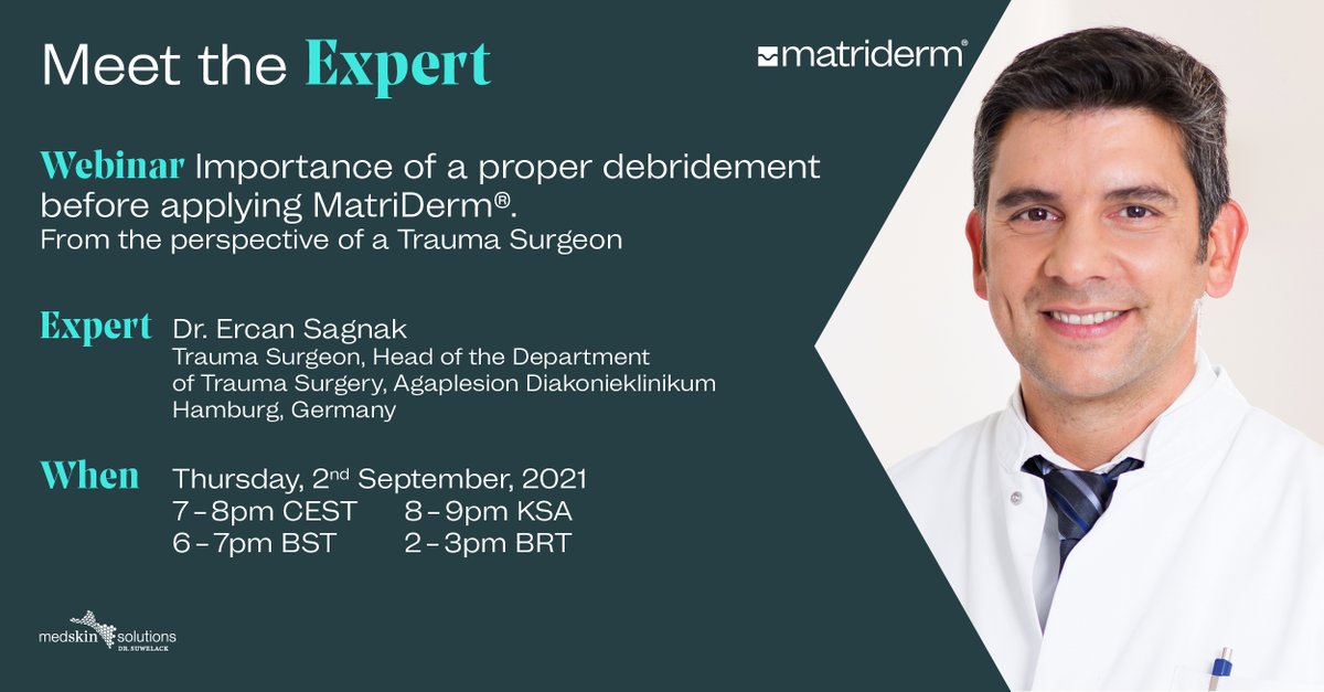 MatriDerm's tweet photo. Join our next upcoming Meet the Expert webinar with Dr. Ercan Sagnak from Hamburg in Germany about the importance of debridement.
Register here: https://t.co/WXEOkc9Tku https://t.co/BEx95tbBeJ