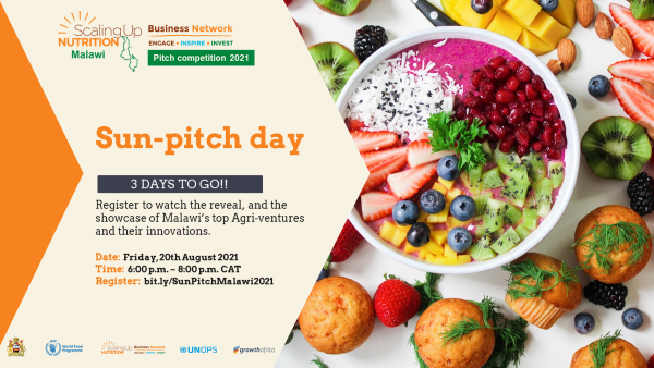 SBNMalawi's tweet photo. 3 DAYS TO GO! CHALLENGING THE FACTS
Click to register on https://t.co/MXA1Wp9jgC and watch the Sun-Pitch day, which will showcase 8 Nutri-solutions BY Malawians and FOR Malawians,

@SUN_Movement @WFP_Malawi @UNOPS @GrowthAfrica

#RethinkingNutritionInnovations #SUNCompetition https://t.co/v0ssMuprAt