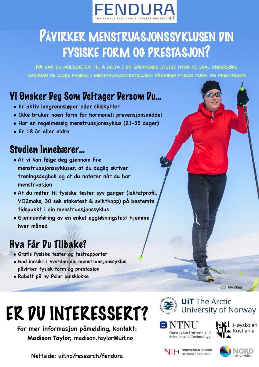 Centre for Elite Sports Research (SenTIF) - NTNU (@sentif_ntnu) on Twitter photo Er du en kvinnelig langrennsløper eller skiskytter og ønsker å delta i et spennende forskningsprosjekt som undersøker effekten av menstruasjonssyklusen din på fysiolgiske responser og prestasjon? <a href="/Skiforbundet/">Norges Skiforbund</a> <a href="/NSSF_Biathlon/">Skiskytterforbundet</a> <a href="/Olympiatoppen/">Olympiatoppen</a> <a href="/langrennslag/">Langrennslandslaget</a> Er du en kvinnelig langrennsløper eller skiskytter og ønsker å delta i et spennende forskningsprosjekt som undersøker effekten av menstruasjonssyklusen din på fysiolgiske responser og prestasjon? <a href="/Skiforbundet/">Norges Skiforbund</a> <a href="/NSSF_Biathlon/">Skiskytterforbundet</a> <a href="/Olympiatoppen/">Olympiatoppen</a> <a href="/langrennslag/">Langrennslandslaget</a>