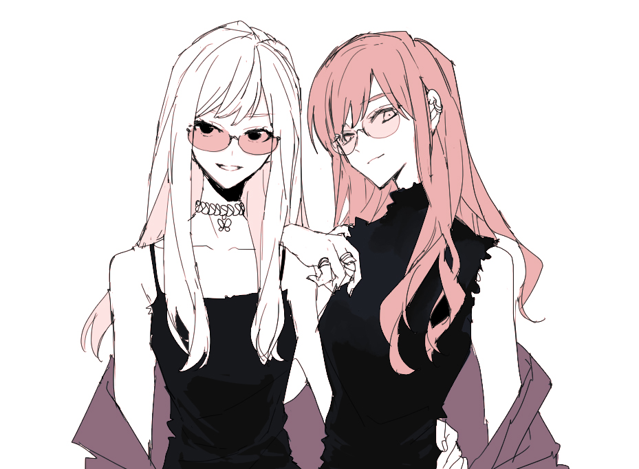 2girls multiple girls long hair sunglasses white background ring jewelry  illustration images