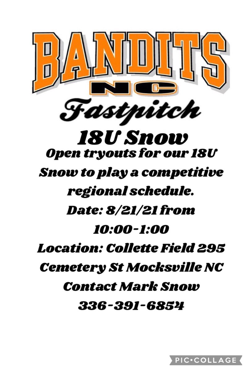 🚨Open tryouts🚨Come out for our BanditsNC 18U-Snow team open tryouts this Saturday from 10-1:00 contact coach Mark Snow at the information below.