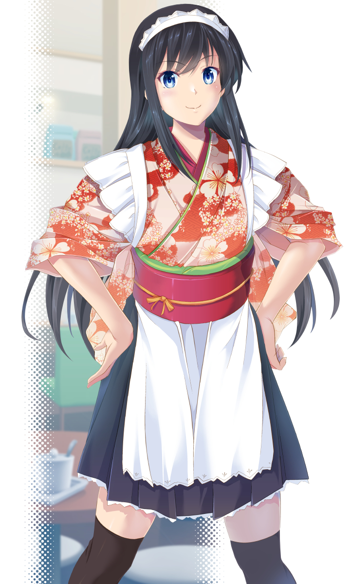 asashio (kancolle) 1girl solo wa maid black hair long hair thighhighs japanese clothes  illustration images