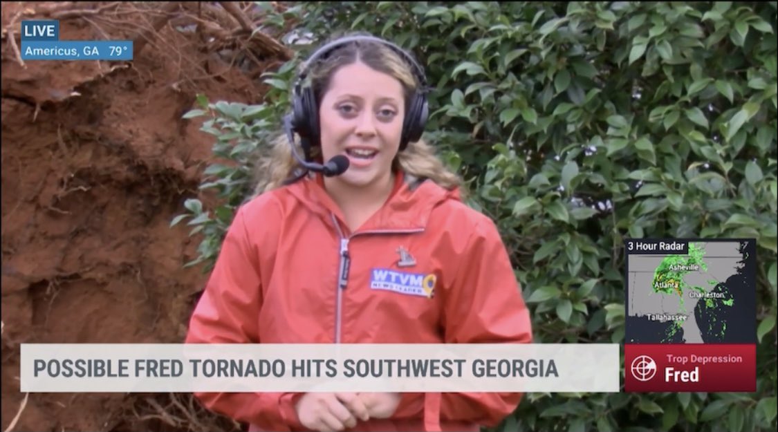 AnnaSimsWX's tweet image. Live report with @StephanieAbrams this morning covering tornado damage in Americus, GA. Big thanks to @weatherchannel for having me this morning!