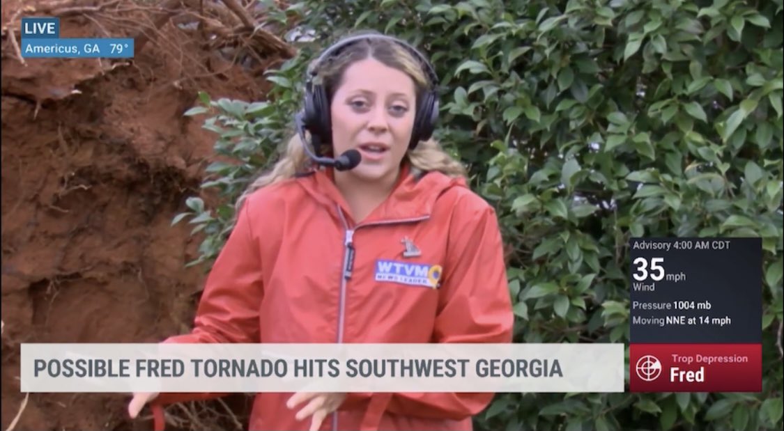 AnnaSimsWX's tweet image. Live report with @StephanieAbrams this morning covering tornado damage in Americus, GA. Big thanks to @weatherchannel for having me this morning!