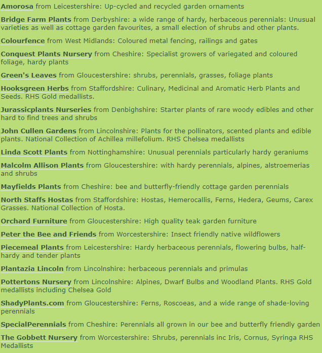 Here's the line up of independent plant nurseries coming to @Middleton_H_G this Saturday. Including @hooksgreenherbs @Jurassic_Plants @JCullenGardens @PetertheBeeand1 @shadyplantscom @helenium_uk @thegobbett