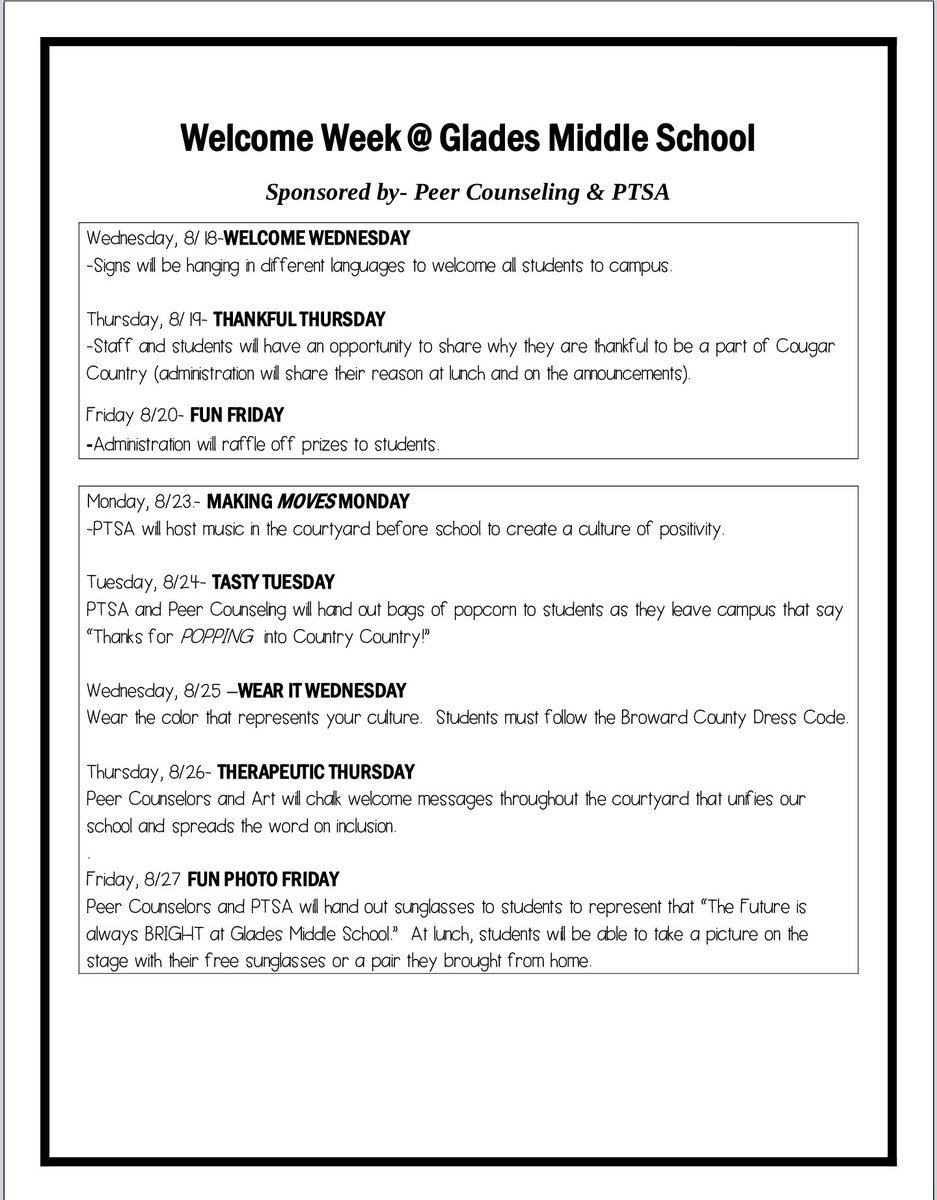 Welcome home AMAZING students and families! Please see our welcome week calendar below for activities that will help build school spirit and foster a culture of connectedness as we return to school. Special thank you to our PTSA &amp; peer counselors!