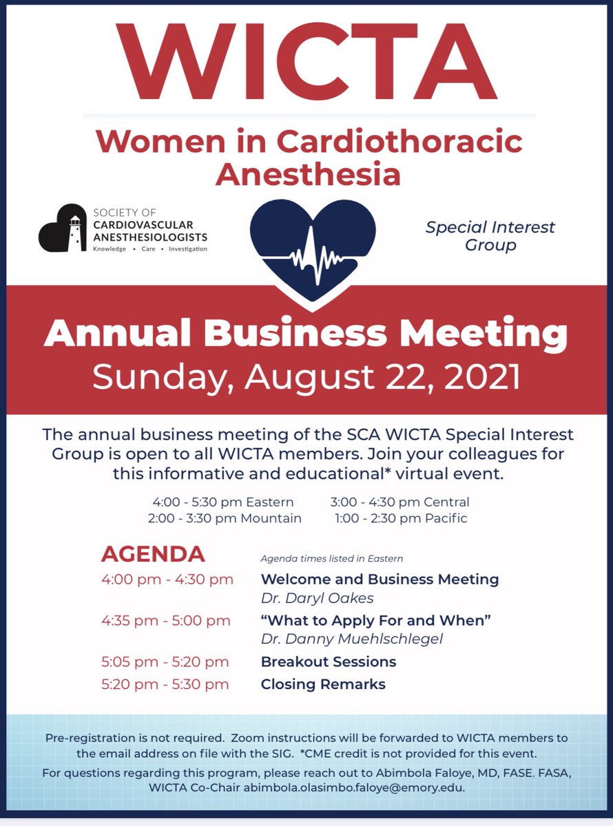 WomenInCTAnes (@womeninctanes) on Twitter photo Our annual business meeting (virtual) is on August 22! All WICTA members can attend - no registration required! Keep an eye on your email for zoom link. <a href="/DannyMuehlschMD/">Danny Muehlschlegel, MD, MMSc MBA</a> will be our guest speaker after a welcoming session by our very own <a href="/daryloakes4/">Daryl Oakes</a>. See you all! Our annual business meeting (virtual) is on August 22! All WICTA members can attend - no registration required! Keep an eye on your email for zoom link. <a href="/DannyMuehlschMD/">Danny Muehlschlegel, MD, MMSc MBA</a> will be our guest speaker after a welcoming session by our very own <a href="/daryloakes4/">Daryl Oakes</a>. See you all!