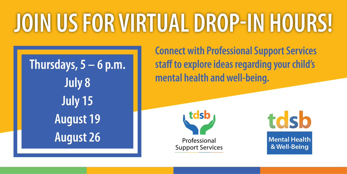 Mental Health &amp; Well-Being Office Hours are resuming this week for <a href="/tdsb/">Toronto District School Board</a> Parents &amp; Caregivers. Our Professional Support Services Staff will be available to offer support. Please see the flyers below for more information. Click here to access zoom links: tdsb.on.ca/In-Person-Lear…