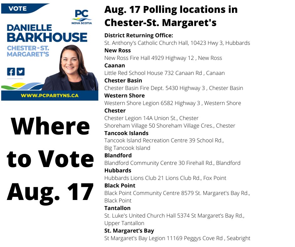 In case you need it - here's the list of polling stations. If you need a ride, please send us a message on Facebook, or text or call us at902-809-0032 or 902-521-3849