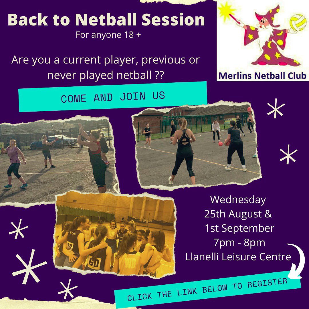 Back to Netball Sessions for anyone 18+

Have you previously played netball or never played before but fancy trying it? 

Come &amp; join us on Wednesday 25th August &amp; 1st September 7-8pm at Llanelli Leisure Centre 

Click link to register forms.gle/VPKmVr3ZDE9HcY…