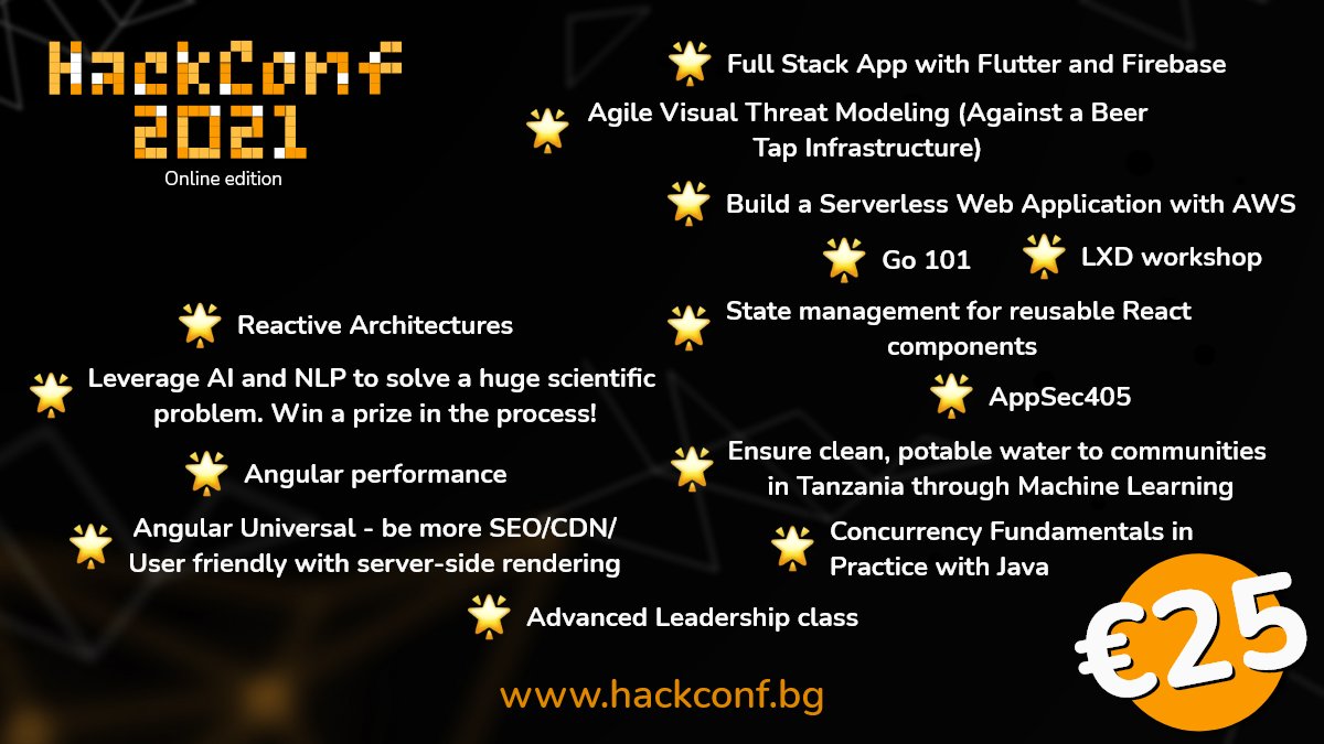 It’s time to get your HackConf 2021 workshop ticket! ⭐

Whether diving into reactive architectures, exploring the Angular performance, or practicing leadership tips - there’s something for everyone! 

Book your seat, take a ticket now 👉 hackconf.bg/#tickets 🎟️