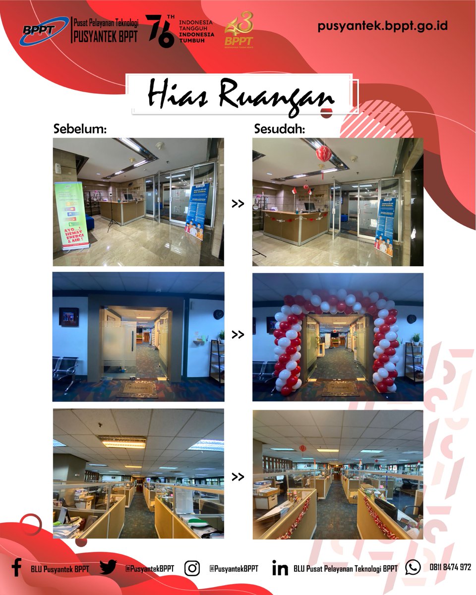 PusyantekBRIN's tweet image. Serangkaian acara tersebut selain bertujuan untuk menyemarakkan HUT Republik Indonesia, juga diharapkan dapat menambah rasa nasionalisme setiap pegawai Pusyantek BPPT.

#pusyantekBPPT
#HutRI76 
#DirgahayuRI76