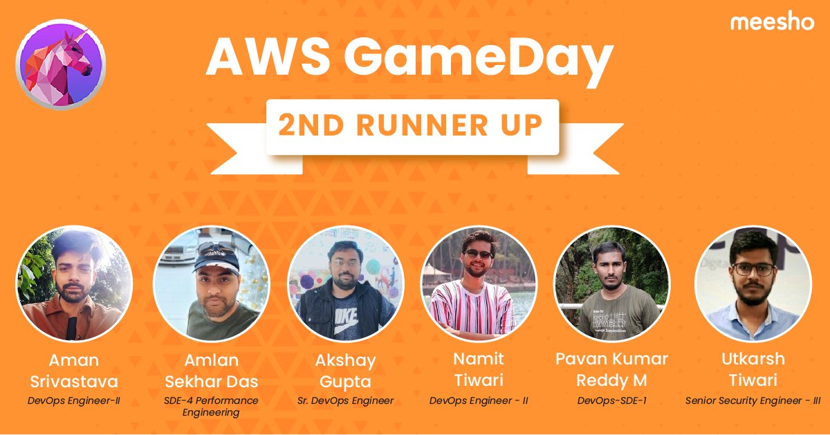 Meesho's DevOps team recently represented the company at @awscloud Security GameDay and our homies bagged the 3rd prize. Kudos to #JustAnotherTeam members: Namit Tiwari, Aman Srivastava, Amlan Sekhar Das, Akshay Gupta, Pavan Kumar Reddy M, & Utkarsh Tiwari. You make us proud!  👏