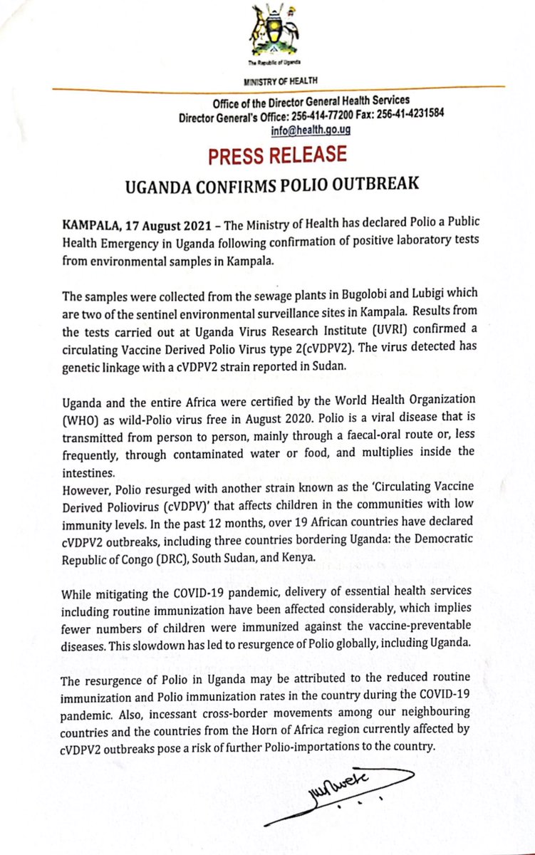 MinofHealthUG's tweet photo. Uganda confirms an outbreak of Polio following confirmation of laboratory tests from samples in #Kampala. 

The samples were collected from sewage plants in Bugolobi and Lubigi and confirmed for circulating Vaccine Derived Polio Virus type 2 (cVDPV2). https://t.co/uXgXP7Bhid