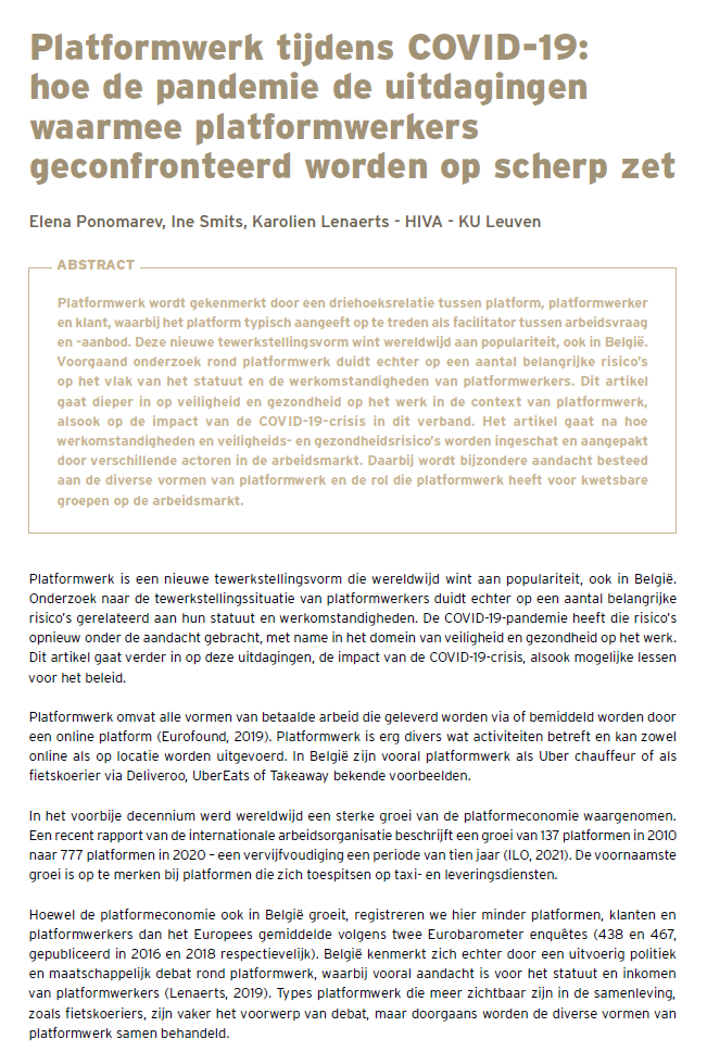 Hebben platformwerkers hun werkomstandigheden zien veranderen tijdens de coronacrisis? Elena Ponomarev, <a href="/SmitsIne/">Ine Smits</a> en <a href="/ka_lenaerts/">Karolien Lenaerts</a> onderzoeken in #Overwerk de werkomstandigheden, veiligheid en gezondheid in de context van platformwerk.
steunpuntwerk.be/node/4168