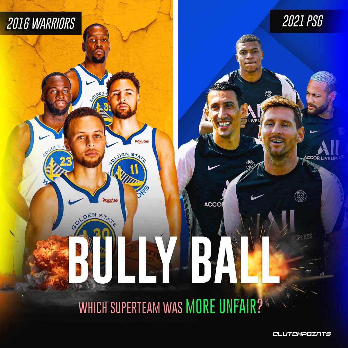 ClutchPoints's tweet photo. Fans who follow both sports - which team made you feel more helpless? 😳

• 2016 Warriors: Stephen Curry, Klay Thompson, Kevin Durant, Draymond Green

• 2021 PSG: Leo Messi, Neymar, Kylian Mbappe, Angel Di Maria https://t.co/0SOwA94WBc
