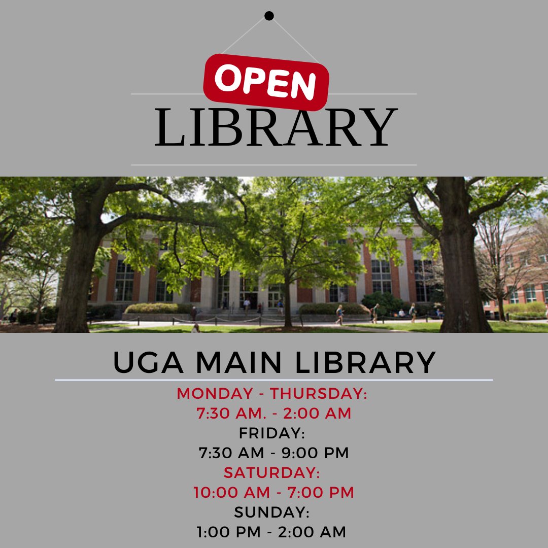 ugalibs's tweet photo. With classes starting tomorrow, we wanted to update everyone on our library hours for this semester. @MLCUGA is going to 24/5, starting tomorrow! For more information, please visit https://t.co/yx5i2LmKvK. We can't wait to see everyone on campus tomorrow! #UGALibraries #GoDawgs https://t.co/chGMBEkYm3