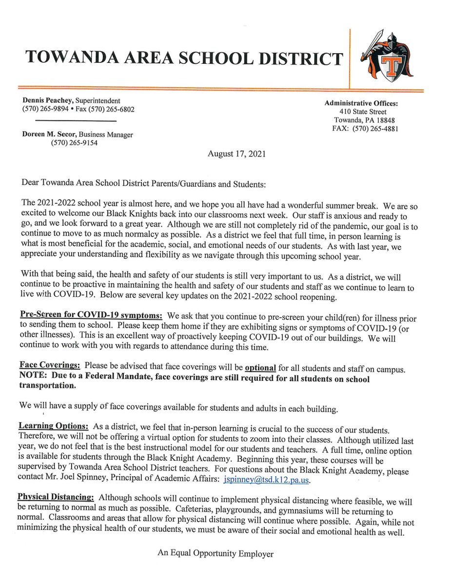 Community Letter - The 2021-2022 school year is almost here, and we hope you all have had a wonderful summer break.  We are so excited to welcome our Black Knights back into our classrooms next week.  Our staff is anxious and ready  edl.io/n1478655