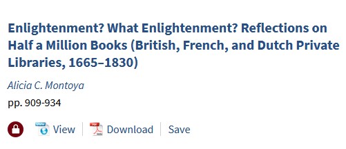 NbvBoekhist's tweet photo. In de special issue van 'Eighteenth-Century Studies' een artikel van Alicia C. Montoya van @Mediate18c - "Enlightenment? What Enlightenment? Reflections on Half a Million Books (British, French, and Dutch Private Libraries, 1665–1830)". Toegankelijk via @KB_Nederland https://t.co/OdpJ1im12P