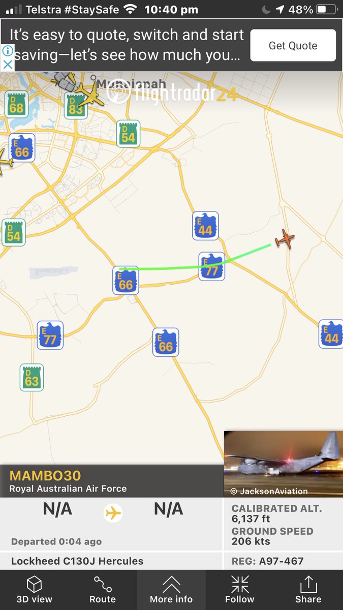CycleGuy5's tweet photo. @rory_callinan RAAF Hercules MAMBO30 now appears to have left Dubai maybe on same route to Kabul as several USAF Stratotankers and an RAF Globemaster? https://t.co/1H1ivtFhbp