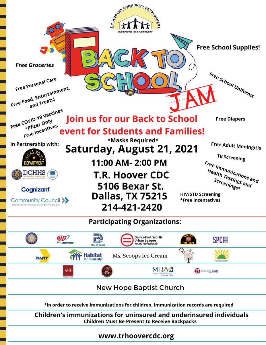 See you this Saturday at our Stomp the Violence Back to School JAM!!! @DallasCountyHealthandHumanServices #trhoovercdc#BacktoSchoolJAM #dallaspolicedepartment #Cognizant #CommunityCouncil #dallascountyhealthandhumanservices #Bonton #DallasISD #SouthDallas