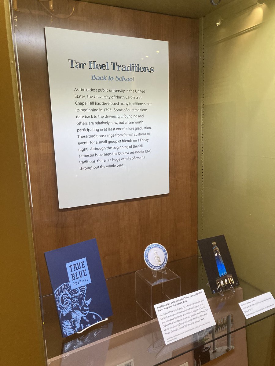 NCCollection's tweet photo. Great to see so many visitors yesterday as we head #BacktoSchool2021. Our #studentcurated exhibit about Tar Heel Traditions can be useful for those getting to know #UNC! #wilsonlibrary #ncmuseums #unclibraries https://t.co/ZVm5InWeUO