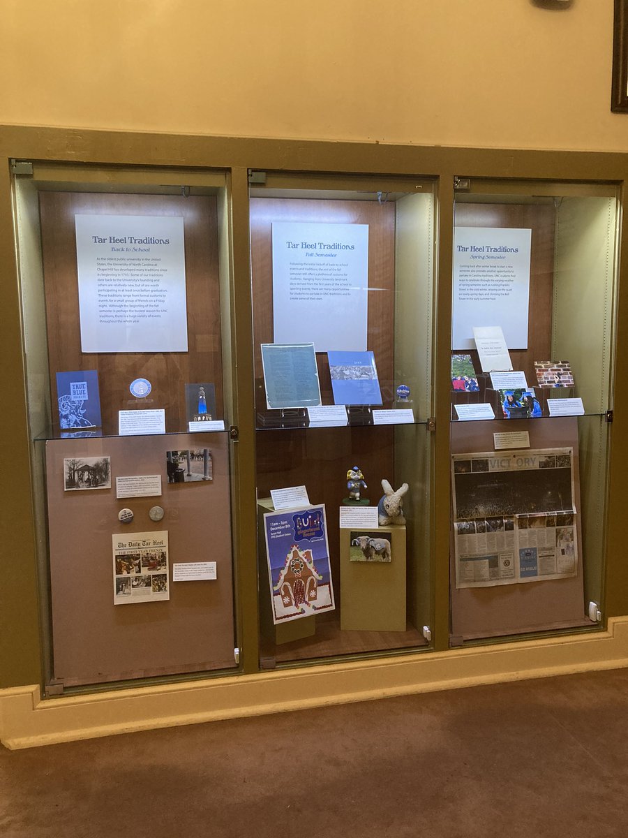 NCCollection's tweet photo. Great to see so many visitors yesterday as we head #BacktoSchool2021. Our #studentcurated exhibit about Tar Heel Traditions can be useful for those getting to know #UNC! #wilsonlibrary #ncmuseums #unclibraries https://t.co/ZVm5InWeUO