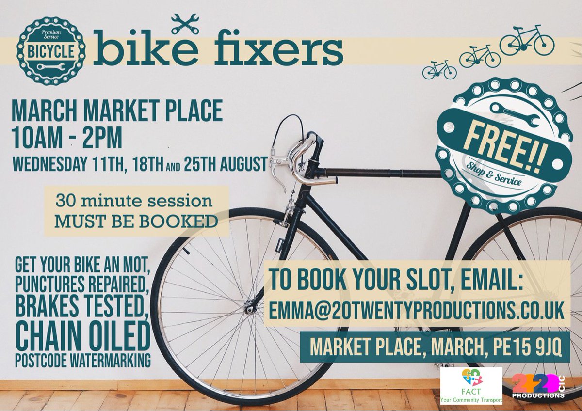 20TwentyProduct's tweet photo. Is your bike in need of an MOT, a tire check, oil on the chain? Then get in touch with emma@20twentyproductions.co.uk to book your free space on March Marketplace!
#fenland #youngpeople #bikefixing #march #whatsonmarch https://t.co/vxIWta1Ehj
