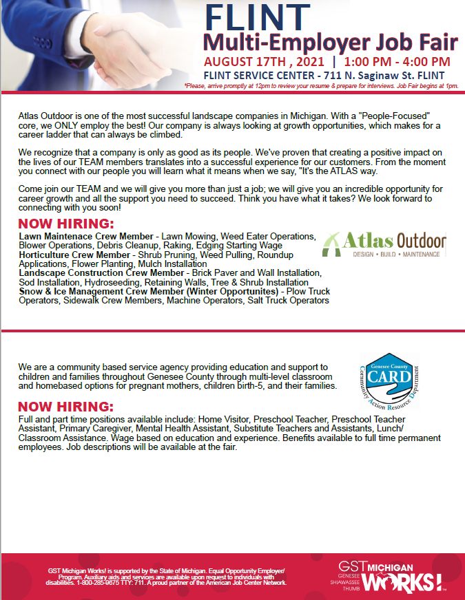 GSTMIWorks's tweet photo. Join us TODAY at our Flint Service Center (711 N. Saginaw St.) from 1pm - 4pm for a Multi-Employer Job Fair. This is a one-stop-shop for you to interview with a variety of local Employers all in one location!
Check out who will be in attendance below >>
#Back2WorkMI #gstjobs https://t.co/rdi8TubhSf