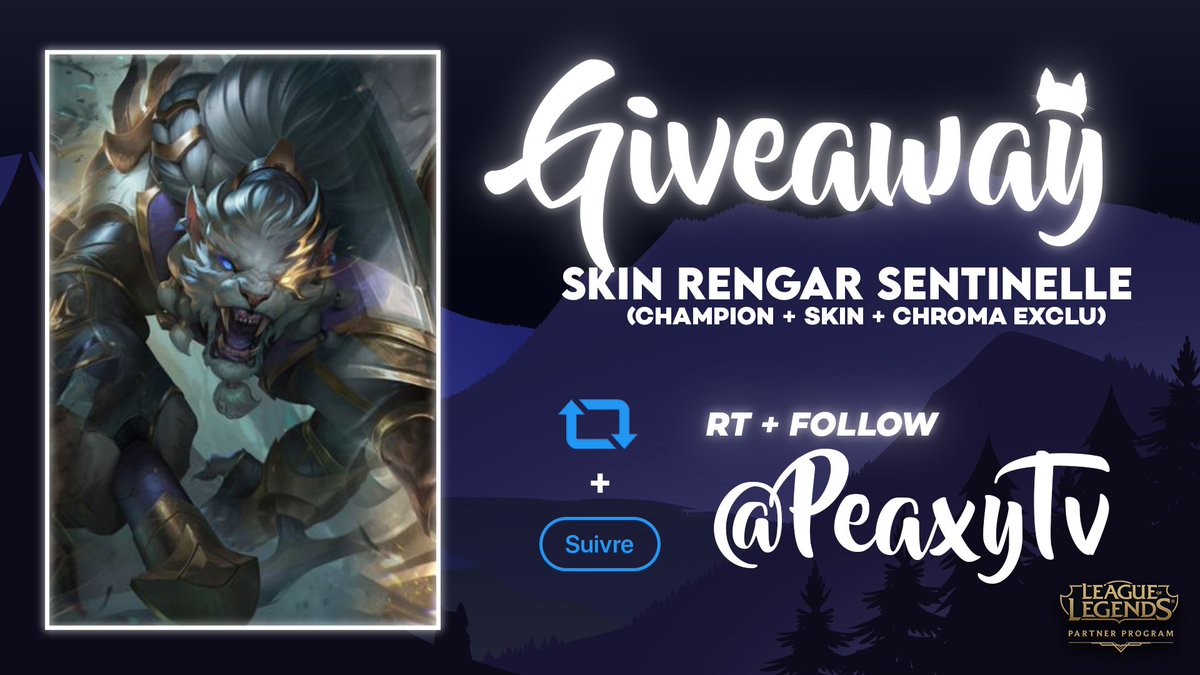 PeaxyTV's tweet photo. Instant #Giveaway grâce au #LeaguePartner !

🎁5 Packs Rengar Sentinelle à Gagner 
(Champion + Skin + Chroma Exclusif) 

🔁RT ce tweet
✅Follow @PeaxyTV

TAS prévu le 28 Aout, bonne chance à tous ! 
5 autres codes à gagner sur https://t.co/5claeIt9nG https://t.co/KGZTQypLcX