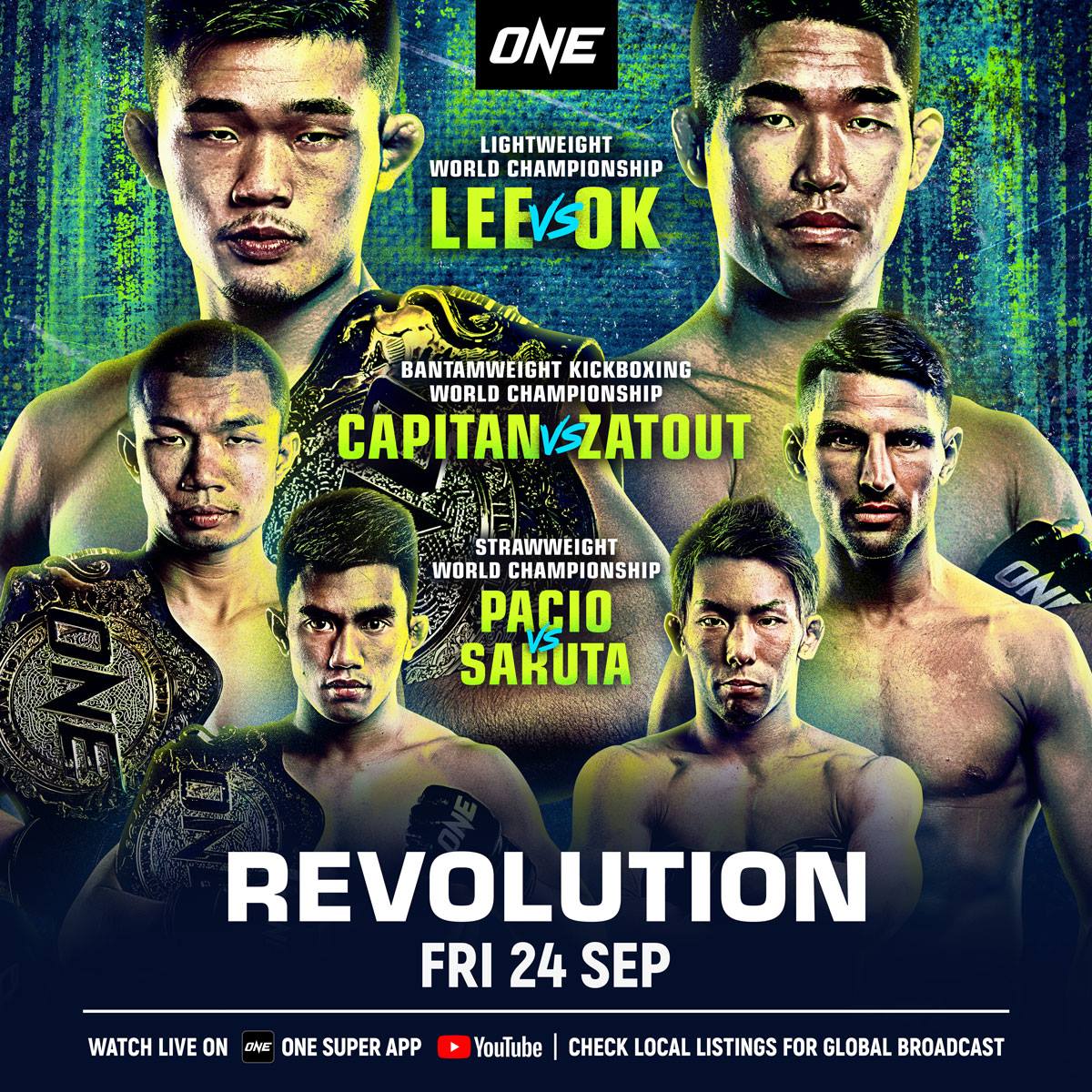 BREAKING NEWS: Get ready for an explosive night of crazy action on September 24 with ONE: Revolution and its 3 world championship title fights! Stay tuned here for the full fight card shortly! BOOM!!!