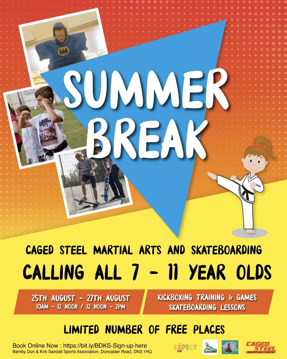 COMING TO BARNBY DUN / KIRK SANDALL 😁🥋

For all children aged 7-11 years old! We’re giving you the best end to your Summer holidays packed full of Martial Arts fun and we’re also working with Sharkskrr who will be delivering free skateboarding lessons! 🛹 😄

(1/2)👇