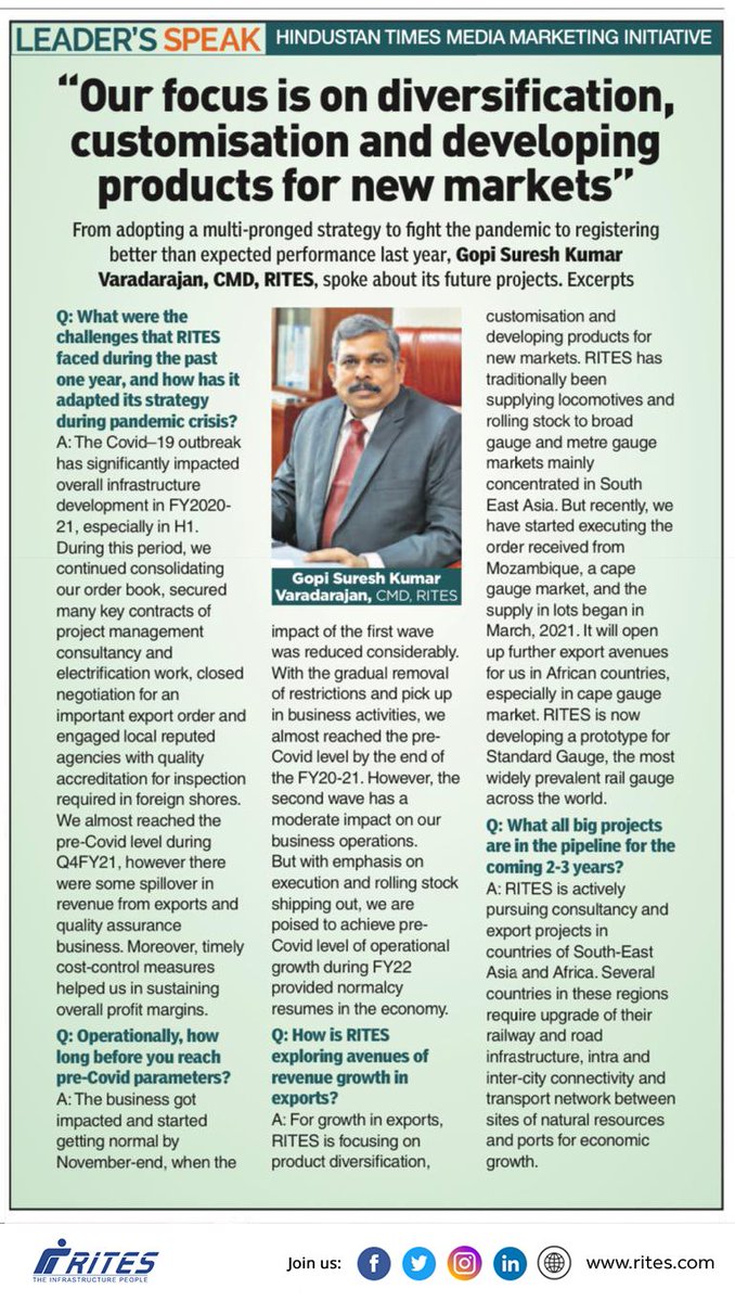 RITESLIMITED's tweet photo. #RITES CMD (Addl Charge) Mr. V. G. Suresh Kumar sheds light on the organisation’s multi-prolonged strategy, operational challenges, future projects &amp; more. Read the excerpt below.
@PIB_India @HindustanTimes 
#growth #story #theinfrastructurepeople https://t.co/MYcqFeXjLa
