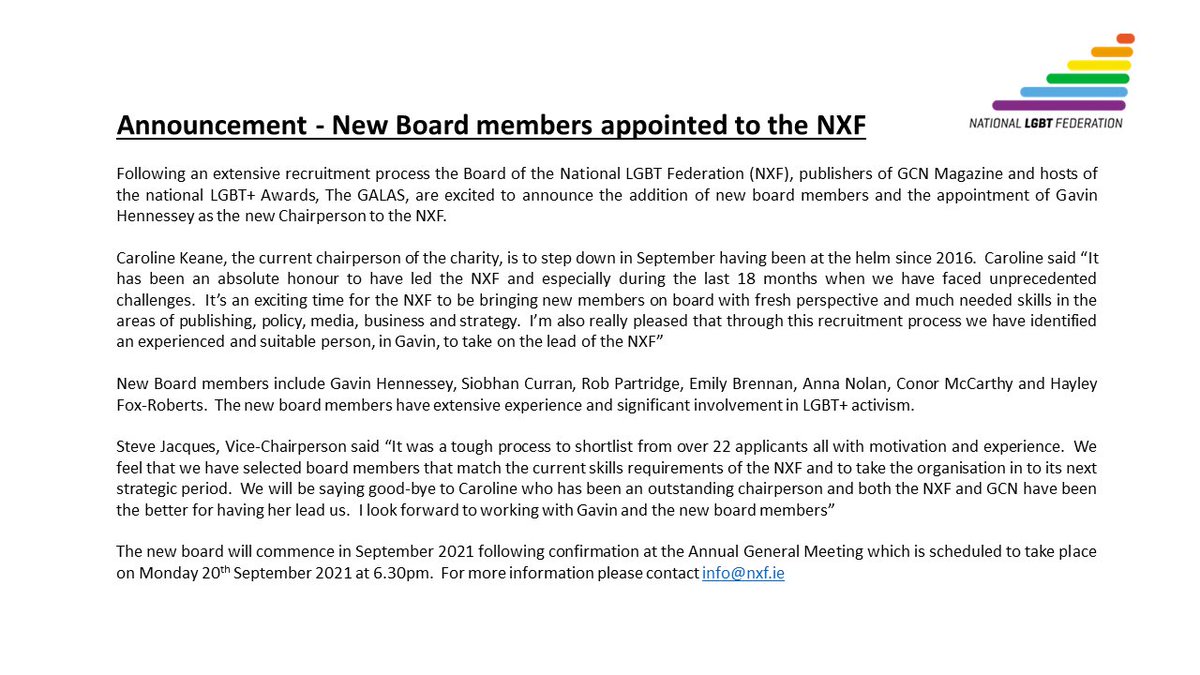 nxfie's tweet photo. The NXF is EXCITED to announce the appointment of @hennessy_gavin @annanolan70 @em_bren5 , @LisaKrashnaya @SiobhanMcurran @RobPartridgeIE #ConorMcCarthy as new board members.
Welcome on Board (excuse the pun!)
See announcement 😊
#AlotDoneMoreToDo 🏳️🌈 https://t.co/KnYSSnxBGY
