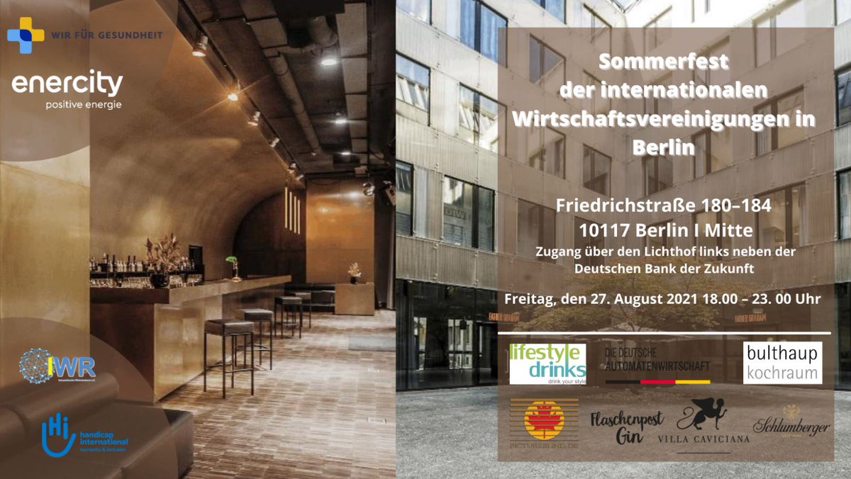 #GreenDeal, #Schuldenbremse, vierte Welle? Wir reden darüber, was die #Wirtschaft bewegt! Am 27. August lädt der @IWR_eV ein zum Sommerfest der Wirtschaftsvereinigungen in #Berlin-Mitte.