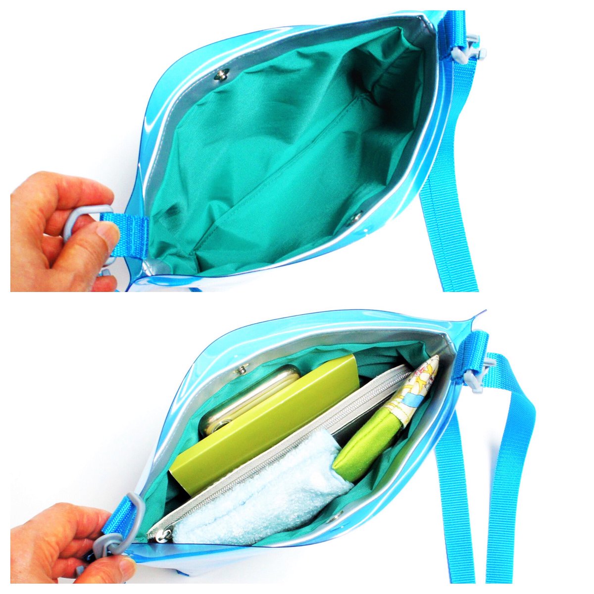 ট ইট র Canpale Ako バッグクリエイター シルバーのエコレザーをインナーバッグに使った Pvcサコッシュ インナーバッグの内側は ブルーと相性の良い エメラルドグリーンの撥水ナイロンです クリアバッグ Pvcバッグ サコッシュ シルバー