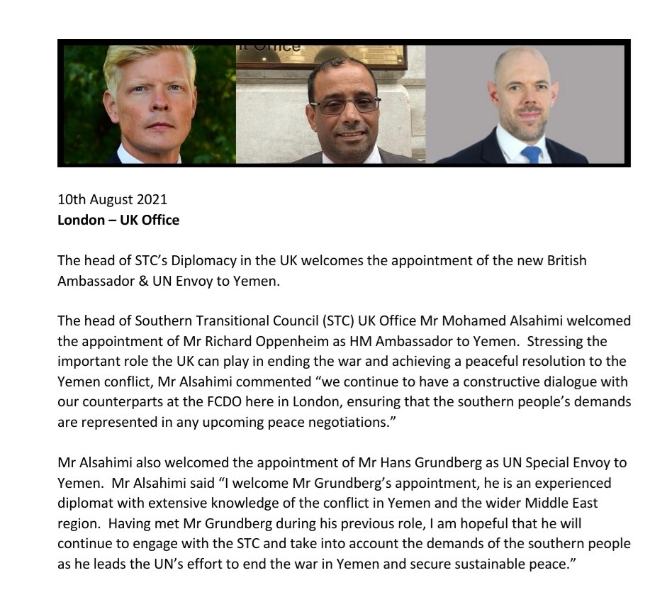STC_UK_Office's tweet photo. @malsahimi head of Diplomacy in @STC_UK_Office welcomes the appointment of the new British Ambassador @RJOppenheim &amp; UN Envoy to Yemen @OSE_Yemen. https://t.co/u4dS1JQNiM