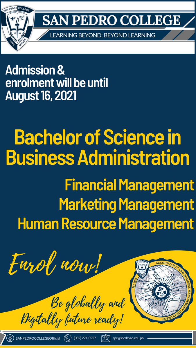 JFinexSPC's tweet photo. To help YOU prepare become DIGITALLY and GLOBALLY future-ready! Take the BSBA Program, we have three main field of specialization: - BSBA Human Resource Management - BSBA Financial Management - BSBA Marketing Management https://t.co/FCkRVPARIQ