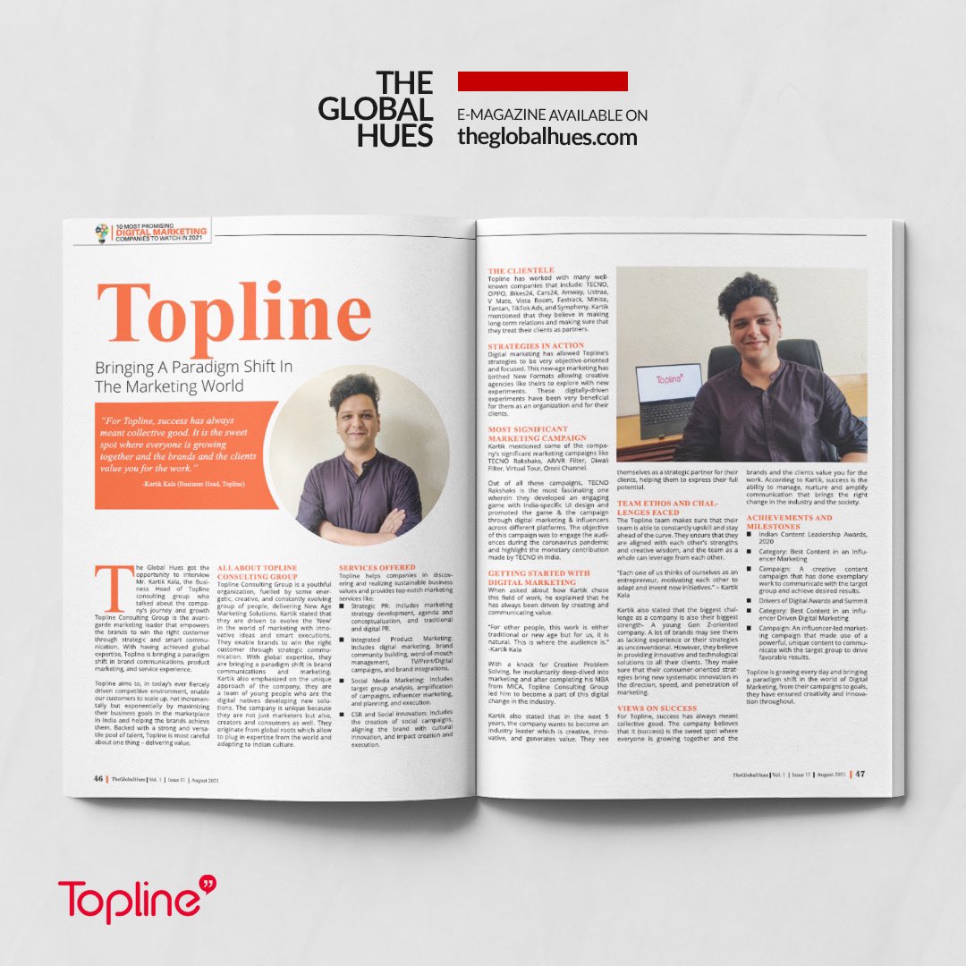 IndiaTopline's tweet photo. We are thrilled to announce that Topline India has bagged a mention in the Top 10 Most Promising Digital Marketing Companies To Watch in 2021 by the The Global Hues.

#ToplineIndia #DigitalMarketing #Awards https://t.co/6EuHKHn4cR