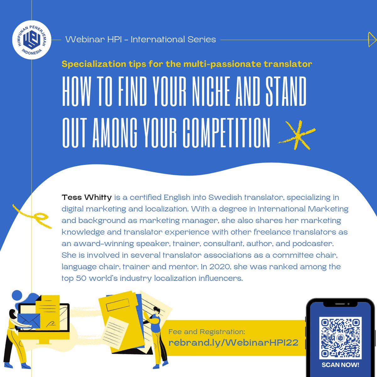 hpipusat's tweet photo. Bangun Ceruk untuk Unggul dalam Persaingan! Ikuti webinar internasional HPI yang akan diselenggarakan pada Sabtu, 21 Agustus 2021, pukul 09.00 - 10.30 WIB. Akses tautan atau kode QR pendaftaran di poster acara. #hpi #webinarhpi #terjemahan #pelokalan #ceruk #niche https://t.co/BNBeta8WwV