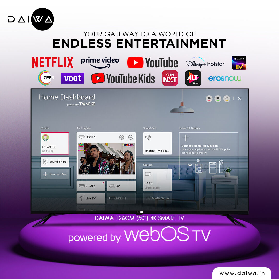 DaiwaIndia's tweet photo. Get easy access to a world of endless entertainment with webOS TV.
Buy Daiwa 50" 4K UHD Smart TV powered by webOS TV for as low as INR 6,666 with a 6 month NO COST EMI.

Buy Online at https://t.co/B3mV5wiJkF Now!
⠀
#Daiwa #DaiwaTV #webOS #ContentStore #MagicRemote https://t.co/h6IXTPM7CW