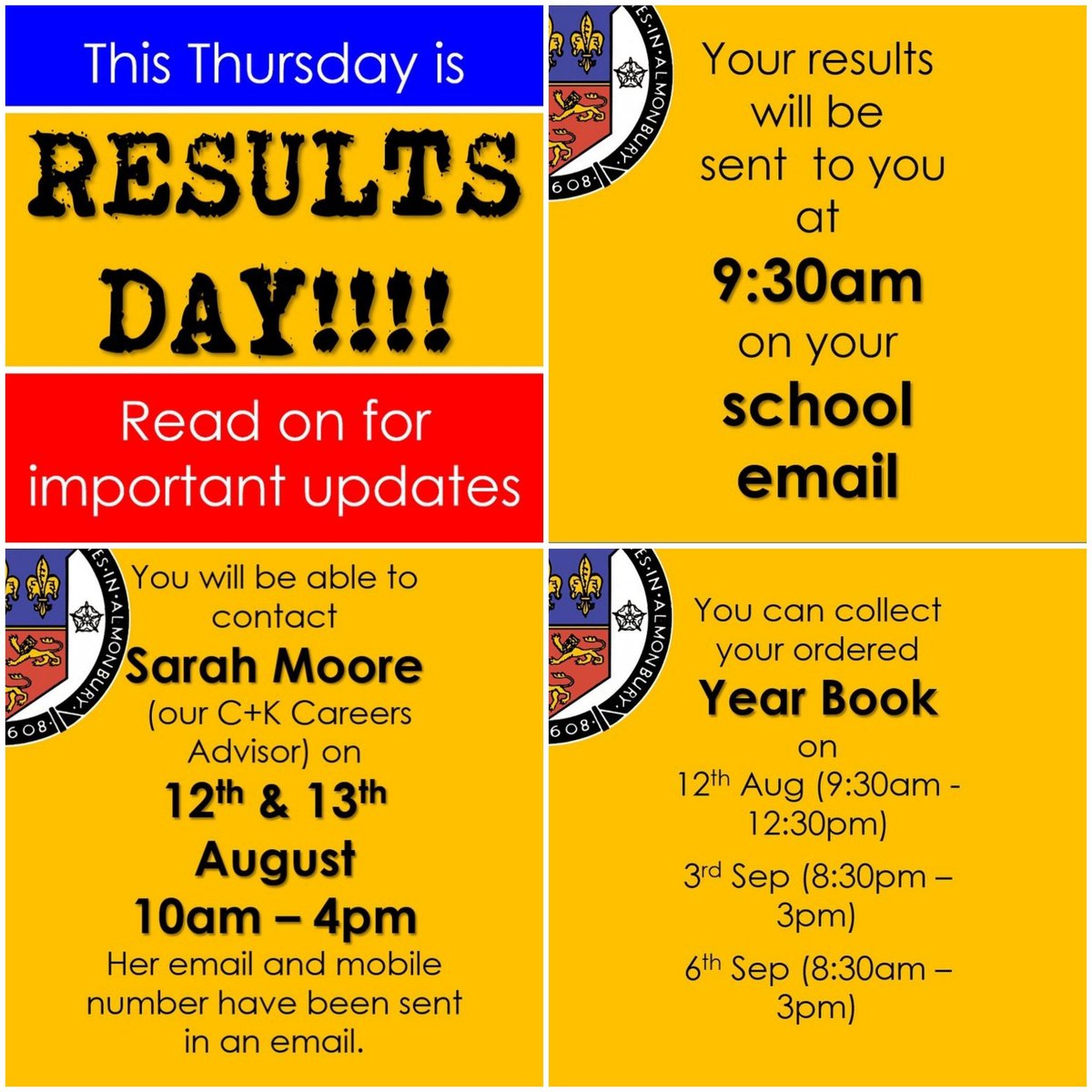 Key information about Thursday's GCSE Results Day. Good luck to all!