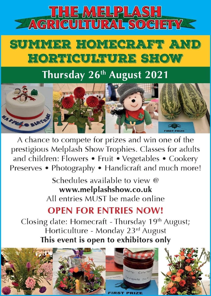 Entries are open for our Summer Homecrafts and Horticulture Show.....lots of classes for all!  Home baking, photography, children's craft, vegetables, flowers and much more!  Click the link below to view the classes and enter online......

melplash.showbiz-software.co.uk/semt/index.asp…