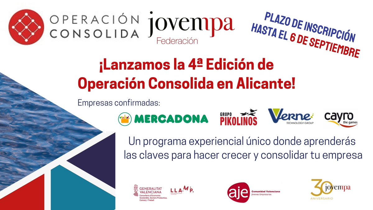 Jovempa's tweet image. ¡𝗟𝗮𝗻𝘇𝗮𝗺𝗼𝘀 𝗹𝗮 𝟰ª 𝗲𝗱𝗶𝗰𝗶𝗼́𝗻 𝗱𝗲 𝗢𝗽𝗲𝗿𝗮𝗰𝗶𝗼́𝗻 𝗖𝗼𝗻𝘀𝗼𝗹𝗶𝗱𝗮 𝟮𝟬𝟮𝟭!👏👏@Jovempa
Inscripciones 𝗵𝗮𝘀𝘁𝗮 𝗲𝗹 𝟬𝟲/𝟬𝟵/𝟮𝟬𝟮𝟭
➡️ operacionconsolida.com/alicante/parti…
Programa experiencial donde aprenderás las claves para hacer #crecer  y #consolidar tu empresa.